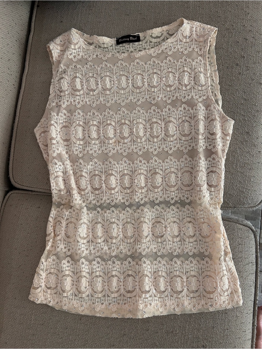 Brittany Black Cream Lace Sequin Boho Chic Peasant Western Sleeveless Top M